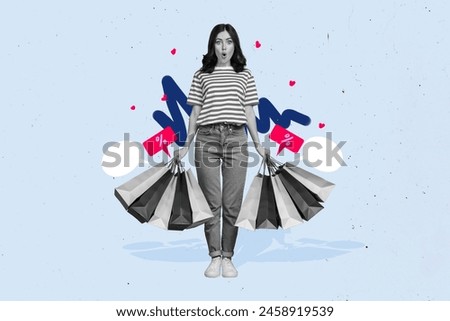 Sketch image composite collage of customer young woman style wow surprise hold paper bag limited offer black friday sale percent low price