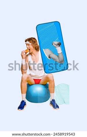 Vertical creative image collage young man do exercise muscles dumbbell power gym training fastfood nutrition burger junk meal