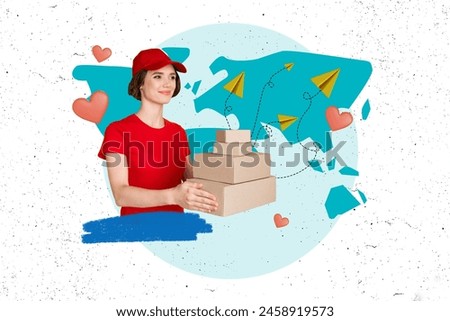 Composite collage picture image of funny female delivery love heart carton box world shipping unusual fantasy billboard comics zine