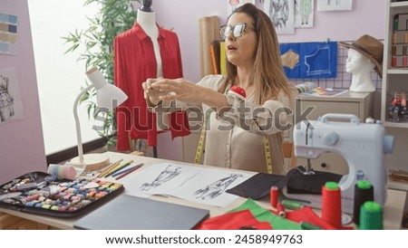 Hispanic woman measures fabric in a tailor shop surrounded by sewing equipment and fashion designs.