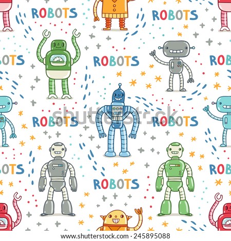 Colorful cartoon robots white background seamless pattern