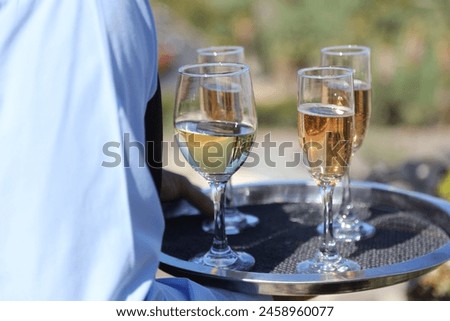 Server offers champagne and wine