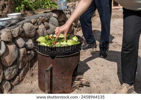 A person is cooking vegetables in a pan on a fire Royalty-Free Stock Photo #2458964135