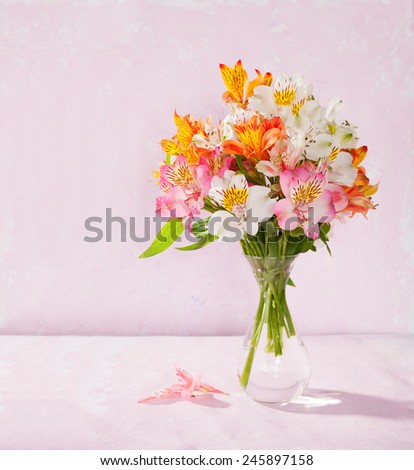 Bouquet of Alstroemeria in a transparent glass vase on light pink background