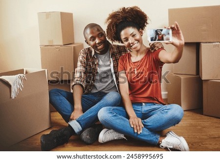 Black couple, real estate and excited with selfie in new house with bonding, support or boxes for moving. People, homeowner or memory for property investment, dream home or relocation profile picture