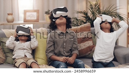 Kids, home and virtual reality while on sofa after school, games and movie. Children, living room and happy for film or animation, technology and curiosity with headset for learning education videos