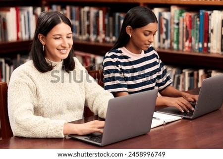 Women, students and university with laptop, library and education with knowledge, typing and technology. People, college or girls with computer, internet and research for project or academic studying