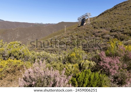 Abandoned steel structure with towers from industrial coal mining cableway in mountains of Asturias Spain in Tormaleo on a sunny spring day with flowers Royalty-Free Stock Photo #2459006251