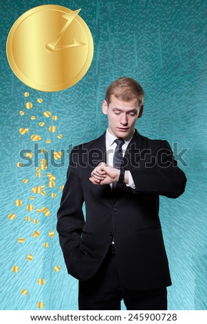 Young businessman claiming that time is money