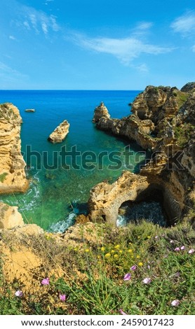 Ponta da Piedade (group of rock formations along coastline of Lagos town, Algarve, Portugal). Two shots high-resolution image.