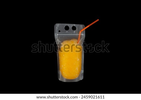 Orange Slushie drink in leak-proof plastic drink pouch with drinking straw. Refreshing summer drink. Convenient reusable package take away. Fruits iced slush or Sweet citrus shaved ice.  Royalty-Free Stock Photo #2459021611