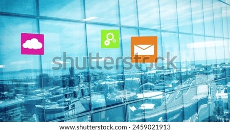 Image of cloud and digital icons over cityscape. Global cloud computing, digital interface and data processing concept digitally generated image.