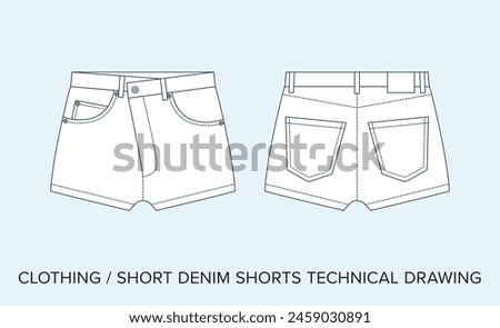Blank Denim Shorts Technical Drawing, Apparel Blueprint for Fashion Designers. Detailed Editable Vector Illustration, Black and White Womens Clothing Schematics, Isolated Background