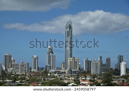 Aerial landscape view of Nerang River and Surfers Paradise skyline the Gold Coast's entertainment and tourism centre. Royalty-Free Stock Photo #2459058797