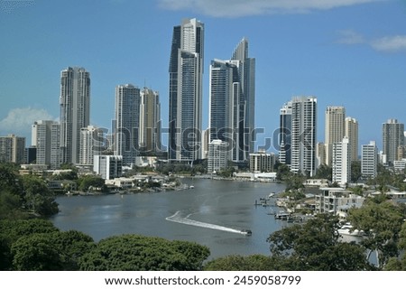 Aerial landscape view of Nerang River and Surfers Paradise skyline the Gold Coast's entertainment and tourism centre. Royalty-Free Stock Photo #2459058799