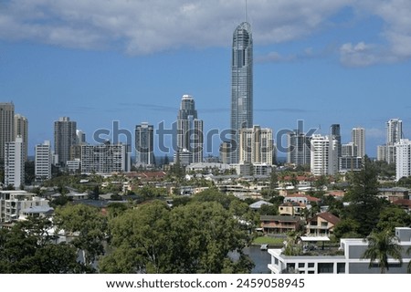 Aerial landscape view of Nerang River and Surfers Paradise skyline the Gold Coast's entertainment and tourism centre. Royalty-Free Stock Photo #2459058945