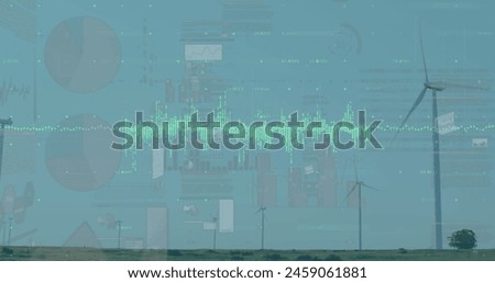 Image of financial data processing with wind turbine. Global business and digital interface concept digitally generated image.