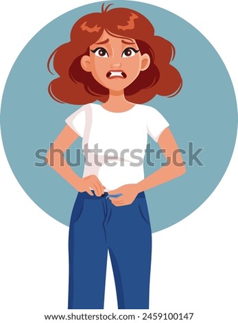
Woman on a Diet Trying to Close her Pants Vector Illustration
Stressed girl with post-partum body not fitting in old jeans
