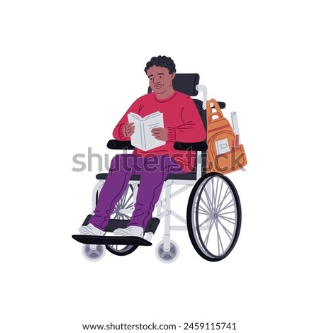Vector illustration of a man reading in a wheelchair, demonstrating an active lifestyle. Flat, isolated image of people with disabilities studying and relaxing.