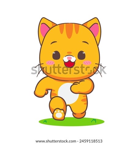 Cute cat running cartoon character. Adorable kawaii animals concept design. Hand drawn style vector illustration. Isolated white background.