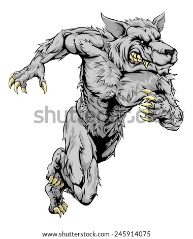 A werewolf wolf man character or sports mascot charging, sprinting or running