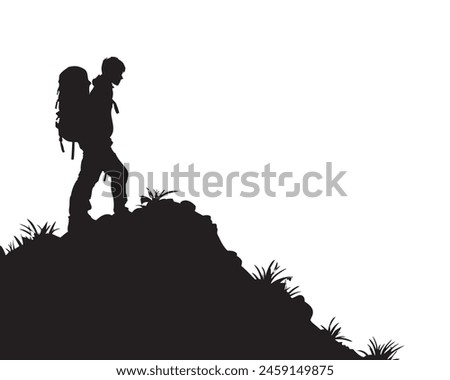 Hiking with backpacks on top of mountain. Vector illustration.