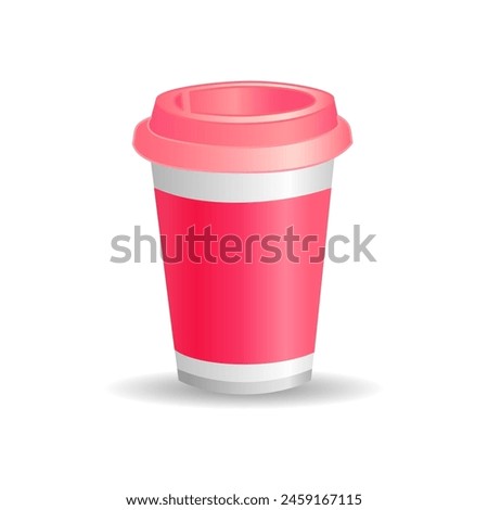 Cute 3D pink paper cup. Sample blank. Realistic clip art. Advertising template. Cafe menu design element. Tea or coffee banner. Isolated object. Editable color and shape. Abstract icon or logo. 