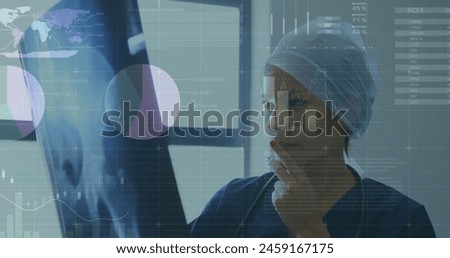 Image of data processing over caucasian female doctor. Global medicine, connections, computing and data processing concept digitally generated image