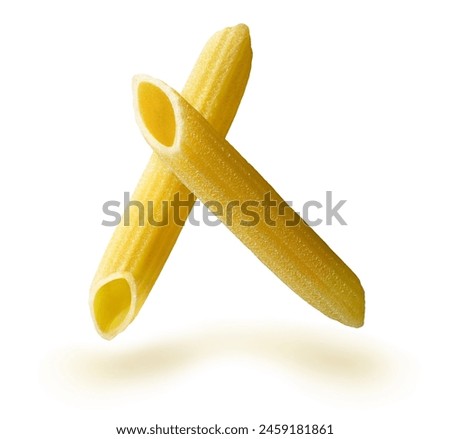 Two pieces of italian pasta penne rigate are elegantly crossed in a stylish still life photography composition and flying over a clean white background, creating a modern and minimalistic symbol