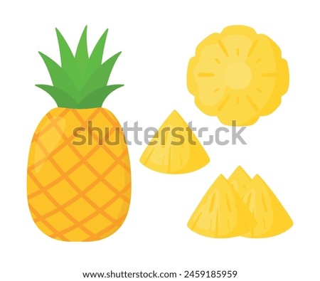 Flat cartoon Pineapple and Slices Set Collection Tropical Summer Fruit Icon clip art vector illustration design for kids and children books for learning fruits and alphabet