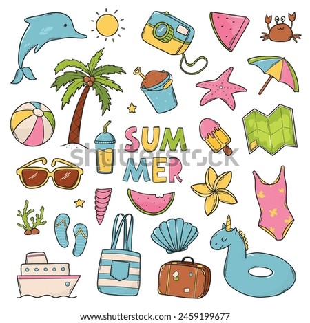 summer cartoon elements collection, doodles, stickers, clip art set. good for planners, stationary, cards, prints, posters, etc. EPS 10