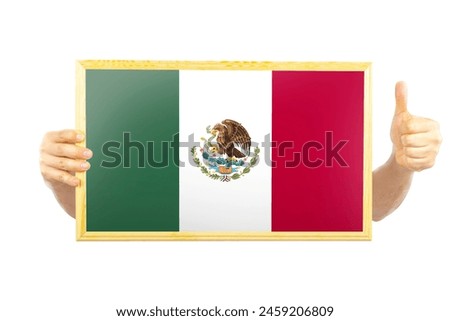Hands holding a frame with Mexico flag, independence day idea, approvement or success in Mexico, celebration or victory concept, two hands and thumb up
