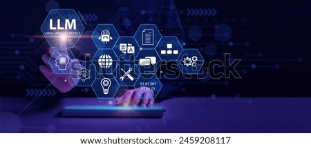 LLM, AI Large Language Model concept. Businessman working on laptop with LLM icons on virtual screen. A language model distinguished by its general-purpose language generation capability. Chat AI. Royalty-Free Stock Photo #2459208117
