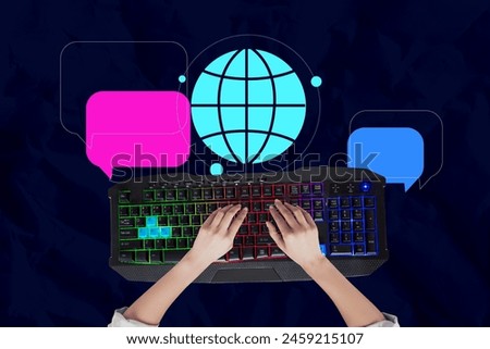 Composite collage picture image of hands typing keyboard computer coding network connect web message unusual fantasy billboard comics zine