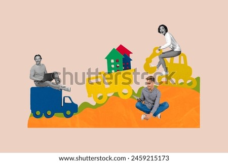Composite photo collage of happy builder architect workers drive excavator truck build new complex apartment isolated on painted background Royalty-Free Stock Photo #2459215173