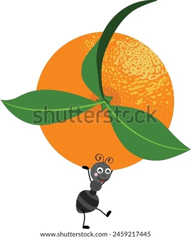 Cute ant carrying an orange