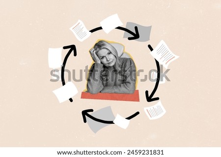 Creative picture mature woman overloaded paperwork documents circulation sad depression overwhelmed worker drawing background