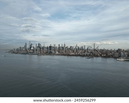 New York skyline landmarks skyscrapers. Travel to America. New York USA. View of Manhattan in New York. New York City USA midtown Manhattan financial district skyline. NYC from drone. NYC aerial view.