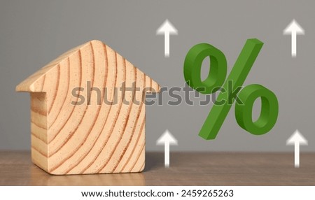 Mortgage rate. Wooden model of house, arrows and percent sign, banner design