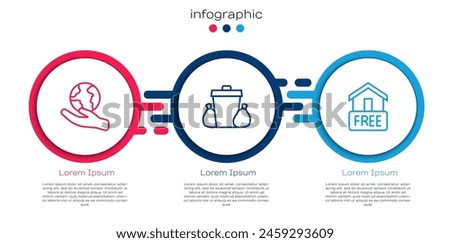 Set line Hand holding Earth globe, Trash can and Free home delivery. Business infographic template. Vector