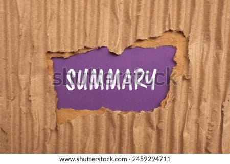 Summary word written on ripped cardboard paper with purple background. Conceptual summary word symbol. Copy space.