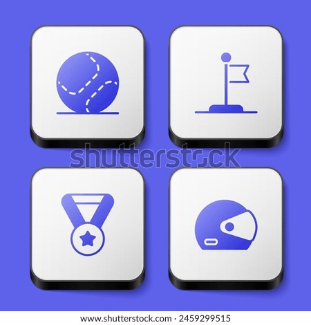 Set Baseball ball, Flag, Medal and Racing helmet icon. White square button. Vector