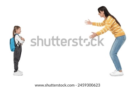 Mother reaching for her daughter on white background