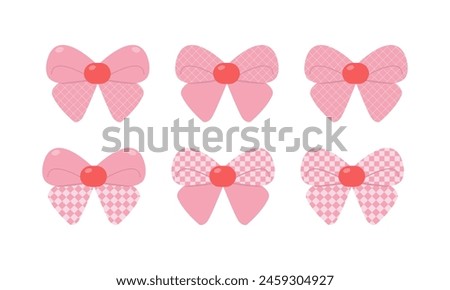 Collection of checkered bows in pink colors. 2000s glamour icon, vintage ribbon symbol, y2k design sticker illustration. Vector