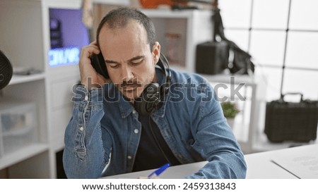 Hispanic man with beard wearing headphones focused while working in a music studio