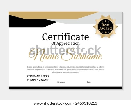 Black, silver and gold Certificate of achievement template with gold badge. Award diploma design blank. Vector Illustration.	