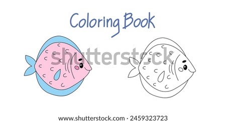 Vector illustration with a cute funny cartoon fish in a coloring book. Cartoon animals from marine life. The template of the coloring page. Color and black-and-white versions