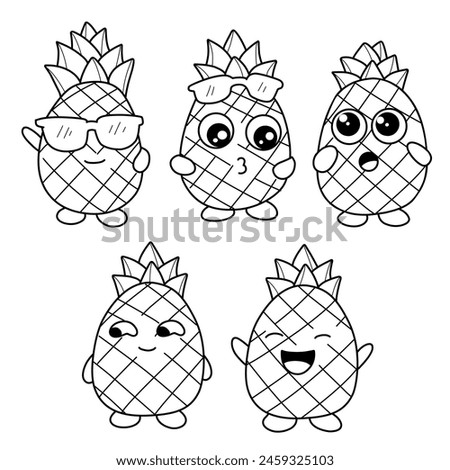 cartoon pineapple with various cute expressions, summer vector line art