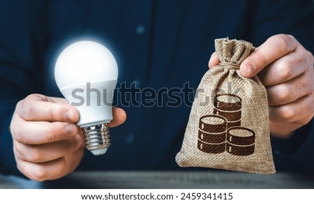 Businessman holding a glowing light bulb and a money bag. Investment in an idea. Reduce carbon footprint. Offering financial incentives to enhancing energy efficiency.