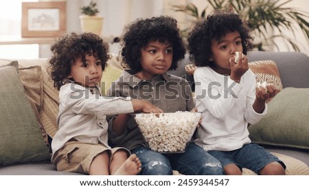 Eating popcorn, couch and children in living room for bonding, cartoons and entertainment in school holidays. Brothers, together and snacking on sofa for childhood, tv shows and relaxing at home